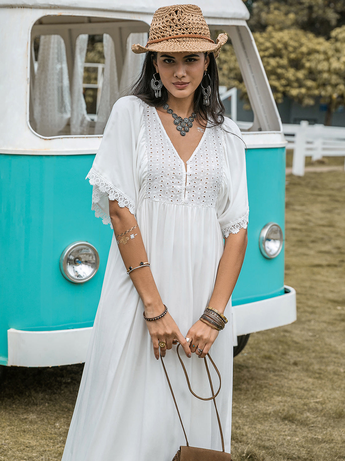 Prairie Creek Detail Eyelet V-Neck Half Sleeve Dress