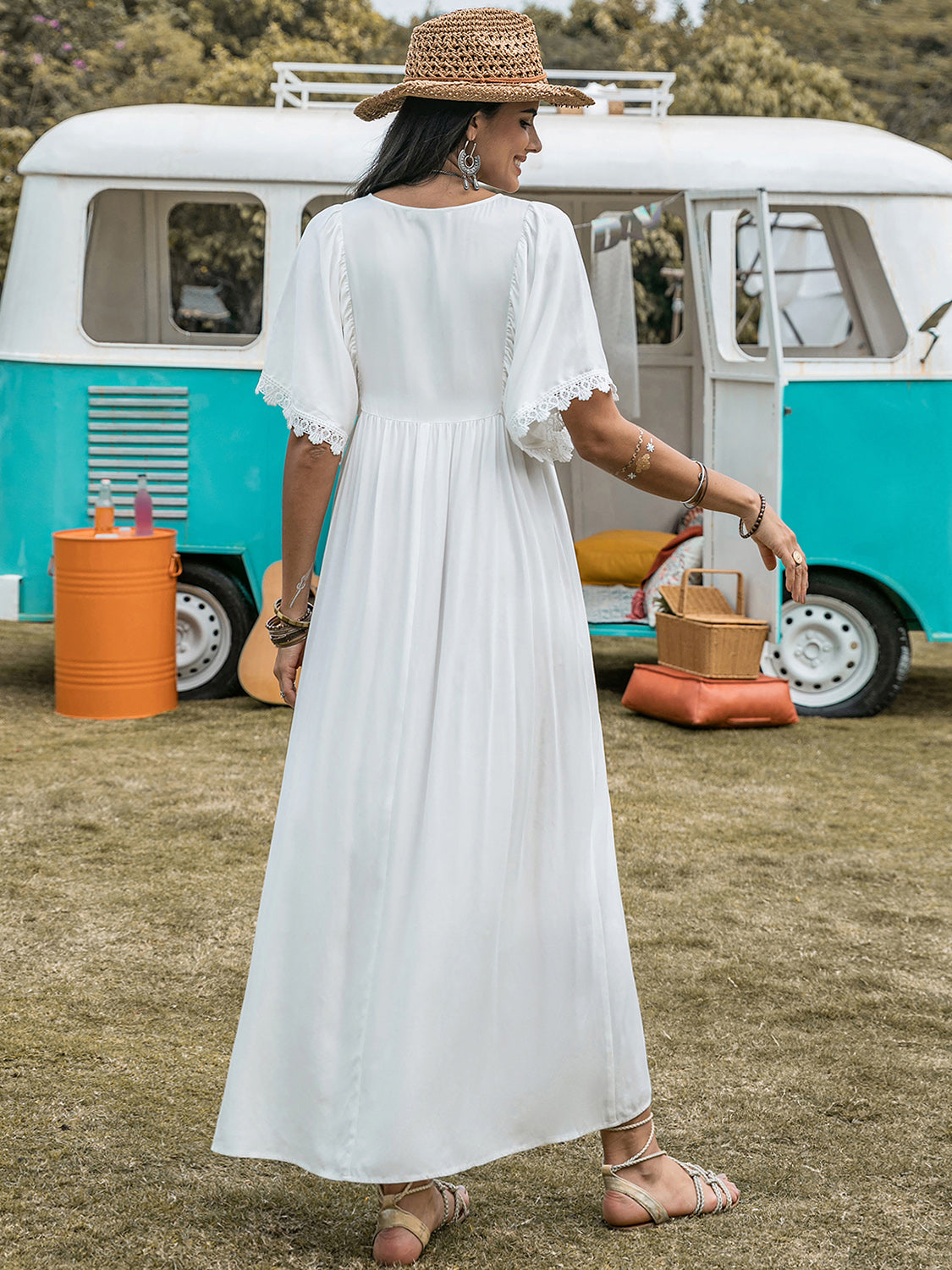 Prairie Creek Detail Eyelet V-Neck Half Sleeve Dress